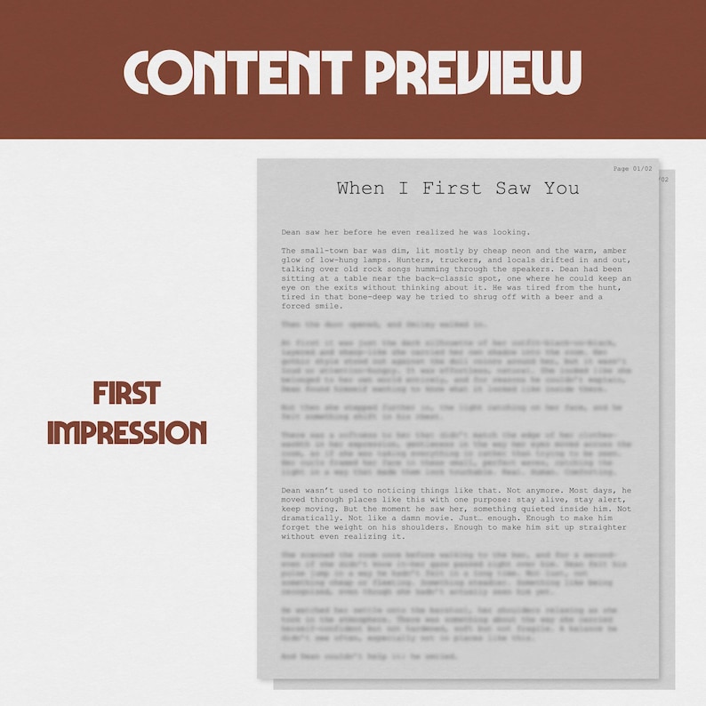 Op de afbeelding: Een pagina uit een boek met de titel "When I First Saw You" en de woorden "Content Preview" en "First Impression" in donkerbruin. De tekst is zwart.