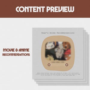 Op de afbeelding: Een stapel vierkante kaarten met de tekst "Dean's Anime Recommendations" en een wazige afbeelding van anime-personages in een retro tv-vorm. De woorden "MOVIE & ANIME RECOMMENDATIONS" staan links en "CONTENT PREVIEW" bovenaan.
