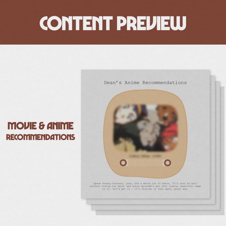 Op de afbeelding: Een stapel vierkante kaarten met de tekst "Dean's Anime Recommendations" en een wazige afbeelding van anime-personages in een retro tv-vorm. De woorden "MOVIE & ANIME RECOMMENDATIONS" staan links en "CONTENT PREVIEW" bovenaan.
