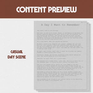 Op de afbeelding: Een pagina uit een boek met de titel "A Day I Want to Remember" en de woorden "Content Preview" bovenaan. De woorden "Casual Day Scene" staan aan de linkerkant.