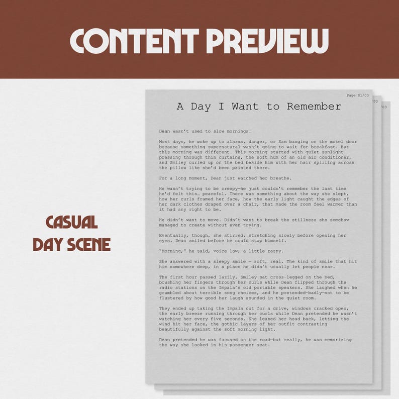 Op de afbeelding: Een pagina uit een boek met de titel "A Day I Want to Remember" en de woorden "Content Preview" bovenaan. De woorden "Casual Day Scene" staan aan de linkerkant.