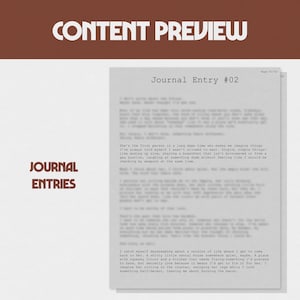 Op de afbeelding: Voorbeeld van een dagboekfragment op een witte pagina met de titel "Journal Entry #02". De tekst is zwart, met "Journal Entries" in een bruine box. De bovenkant van de afbeelding heeft "CONTENT PREVIEW" in een bruine box. De tekst beschrijft een droom.
