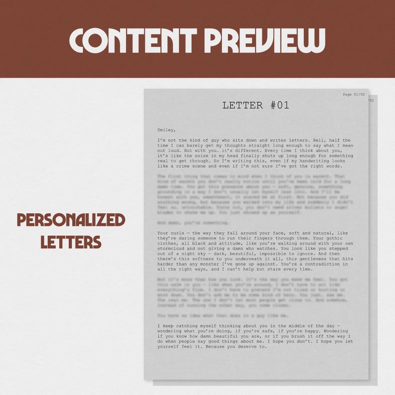 Op de afbeelding: Een handgeschreven brief op een witte pagina, getiteld "LETTER #01". De tekst is in zwart, met de woorden "CONTENT PREVIEW" en "PERSONALIZED LETTERS" in donkerbruin. De brief is geadresseerd aan "Smiley".