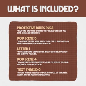 May include: A brown graphic with white text that reads "WHAT IS INCLUDED?" followed by a list of items: Protective Rules Page, POV Scene 3, Letter 1, POV Scene 4, and Text Thread 2. Each item has a brief description.