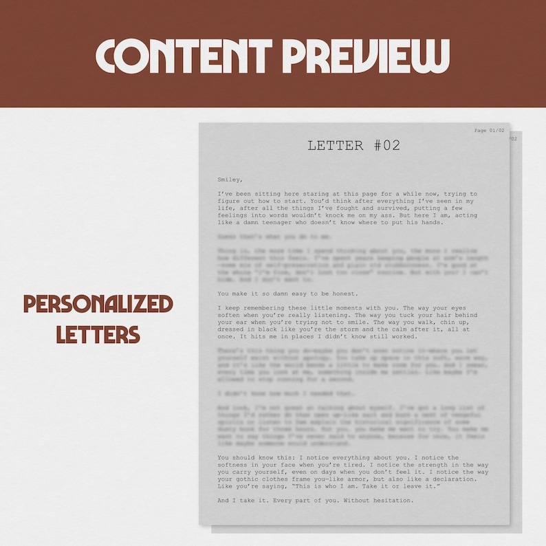 Op de afbeelding: Een gedrukte brief op een witte pagina met de titel "LETTER #02". De tekst is zwart, met de woorden "CONTENT PREVIEW" en "PERSONALIZED LETTERS" in donkerbruin. De brief lijkt een persoonlijke boodschap te zijn.