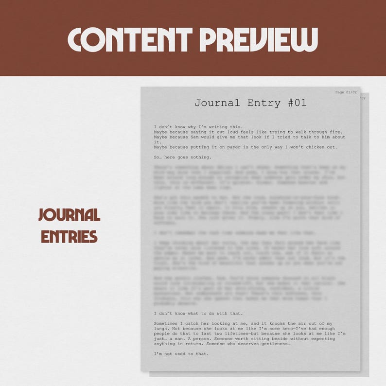 Op de afbeelding: Een pagina uit een dagboek met de titel "Journal Entry #01" en de tekst "CONTENT PREVIEW" bovenaan. De tekst is in een schreefletter. De woorden "JOURNAL ENTRIES" staan in een bruin blok aan de linkerkant.