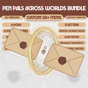 May include: An illustration advertising a "Pen Pals Across Worlds Bundle." The image shows three tan envelopes with brown wax seals, a golden portal, and text including "Custom 30+ Items" and "5 Letters."