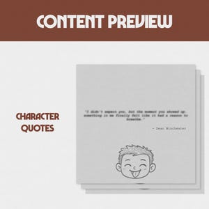 Op de afbeelding: Een stapel vierkante kaarten met een citaat van Dean Winchester: "Ik had je niet verwacht, maar op het moment dat je verscheen, voelde iets in mij eindelijk dat het een reden had om te ademen." Onderaan een cartoonillustratie van een lachend gezicht met een tong.