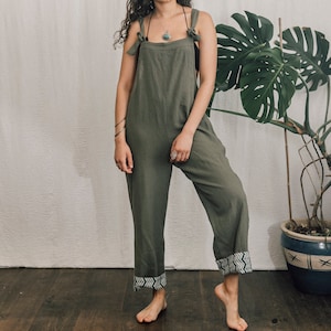 Moss Green Raw Cotton Dungarees: Adjustable Overalls, Size 6-14