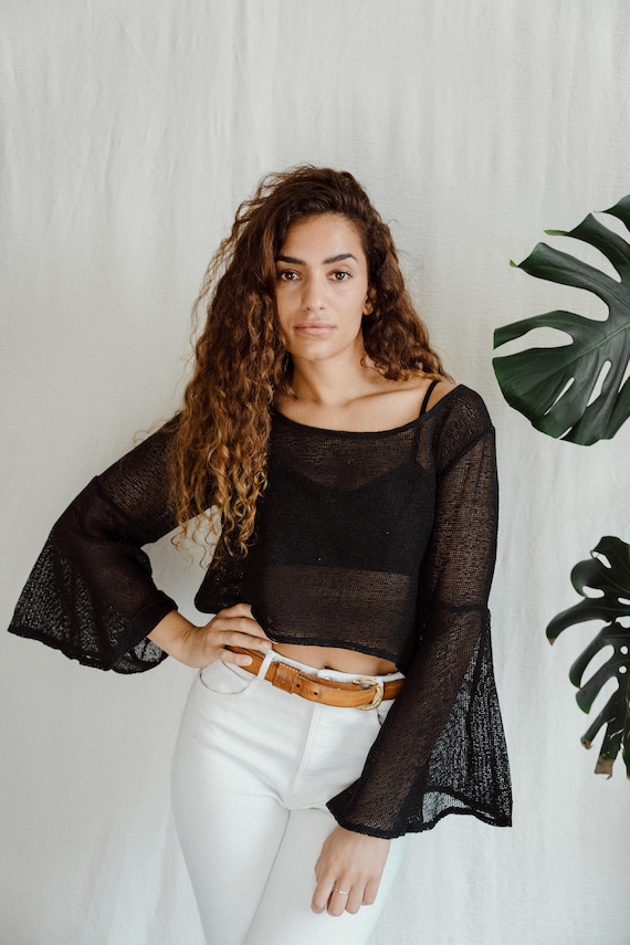 woven cotton flair top, black cotton top, mesh top