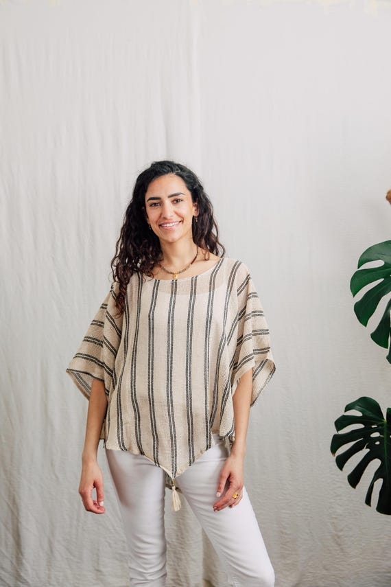 Woven Cotton Striped Top with Tassel Detail, Summer Boho Style