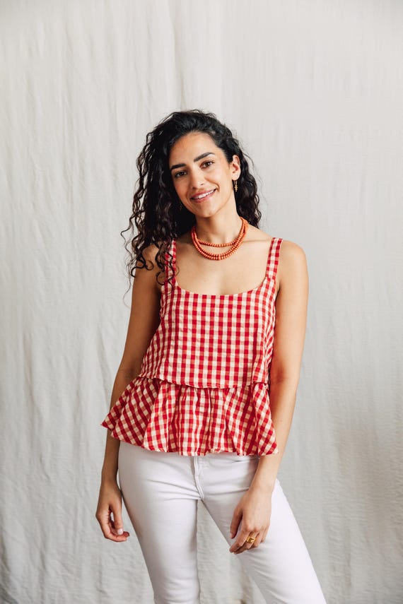 Red Gingham Peplum Tank Top | Handloom Cotton Square Neck Summer Vest