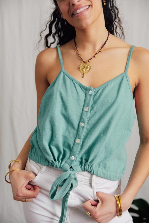 Bamboo cami top/ Turquoise blue tie hem tank/ Boho summer camisole/ Lightweight crop top/ Festival top