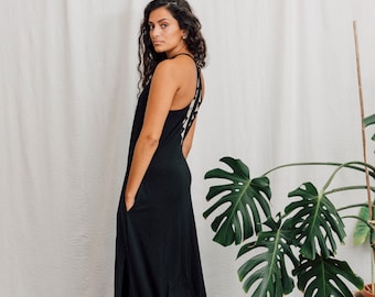 Robe longue en bambou noire avec poches, longue robe noire.