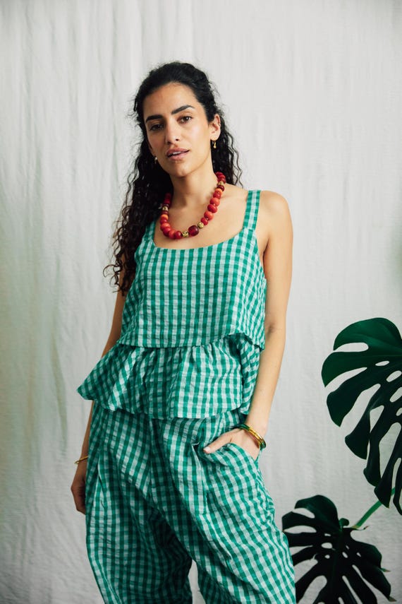 Blue Check Handloom Cotton Billie Top, Adjustable Strappy Fit
