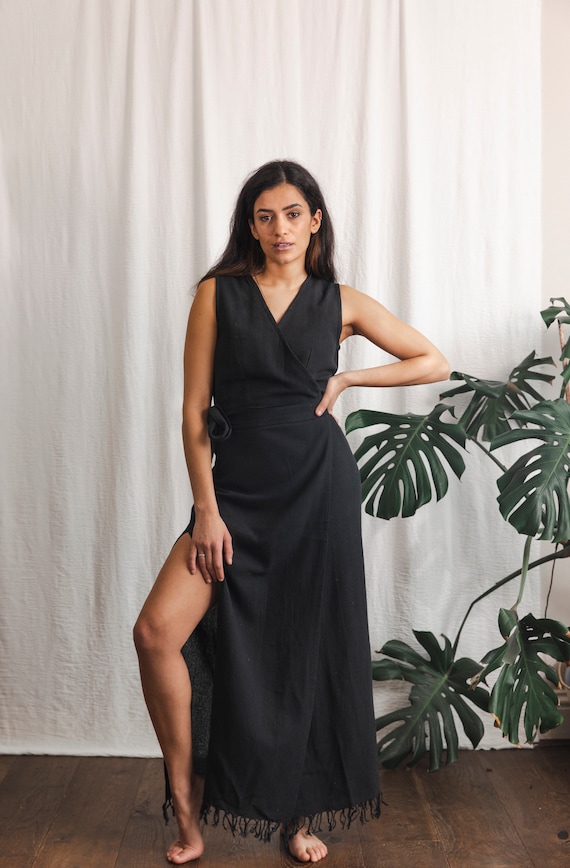 Black Raw Cotton Wrap Dress: UK Size 8-12