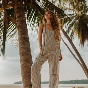 Stripped Woven Cotton Dungarees: Adjustable Overalls, Size 6-14