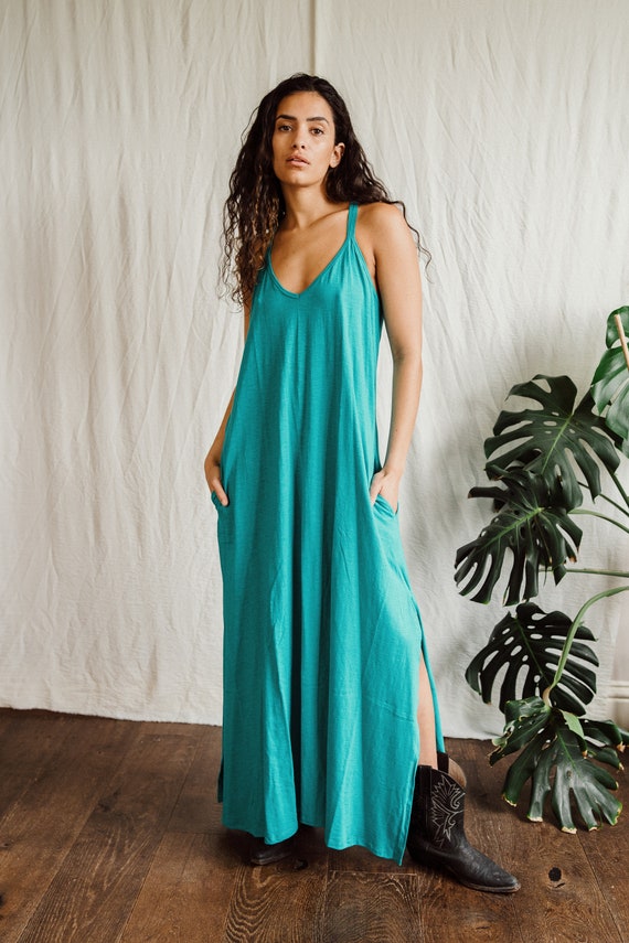 Turquoise Bamboo maxi dress  with pockets, long Turquoise dress.