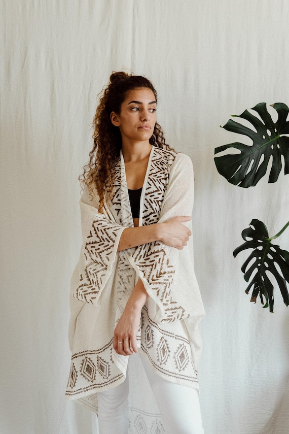 Oversized Inka cardigan, White  with beautiful gold block print, cardigan