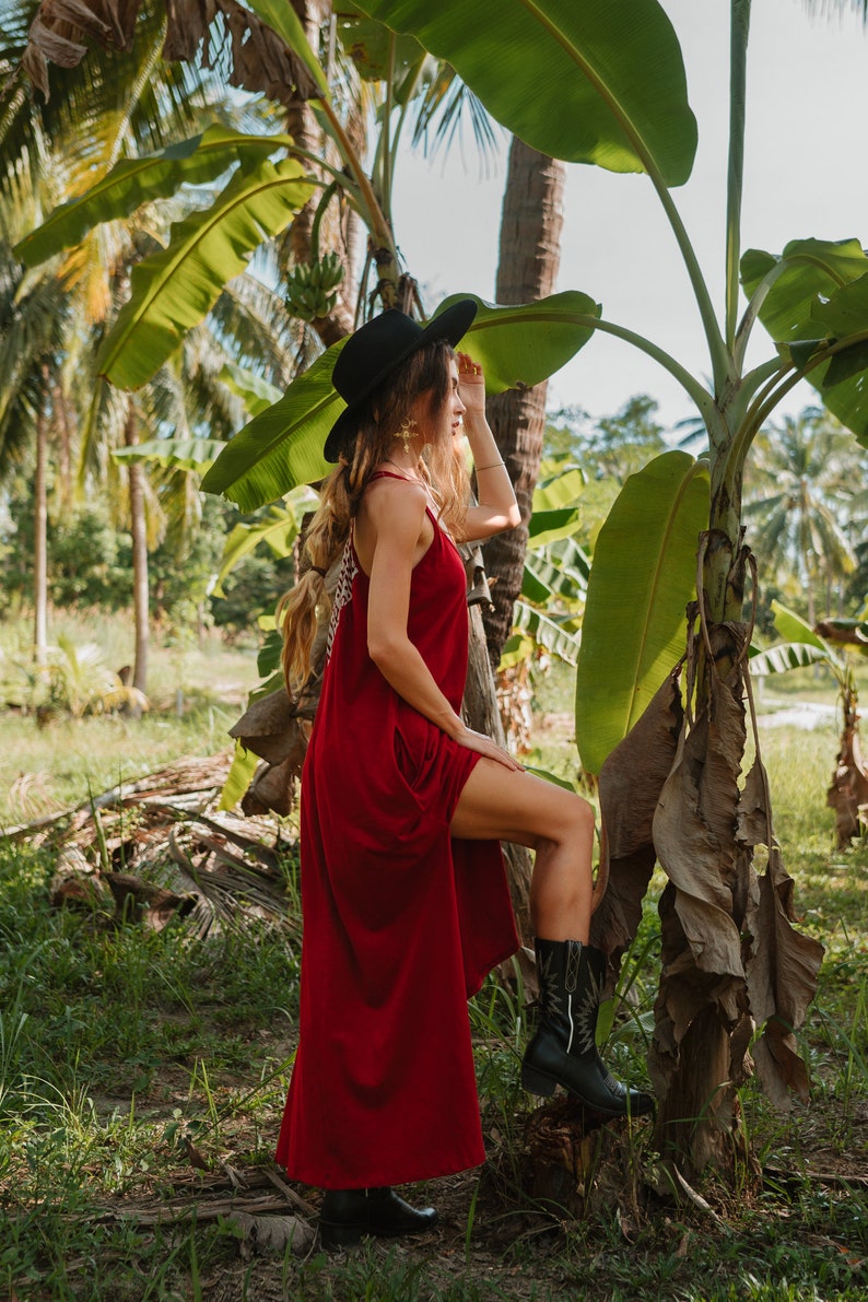 Bamboo maxi dress in deep red, long red dress. image 4