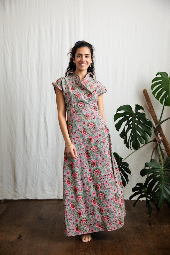 Womens wrap dress in cotton block print