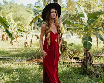 Bamboo maxi dress in deep red, long red dress.