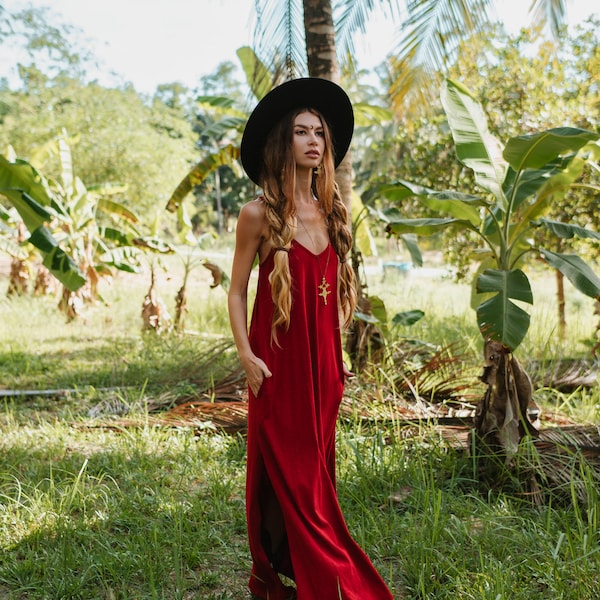 Bamboo maxi dress in deep red, long red dress.