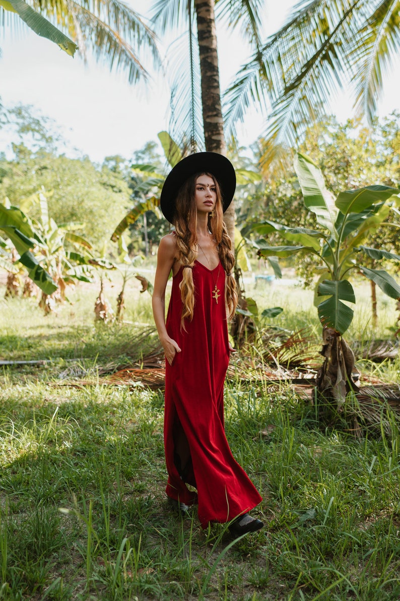 Bamboo maxi dress in deep red, long red dress. image 1