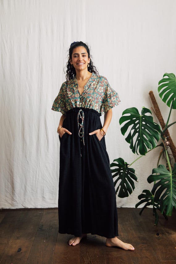 Evelyn Dress, Block Print and Gauze Cotton Dress| Boho Maxi Dress Woman | Drawstring Waist Dress