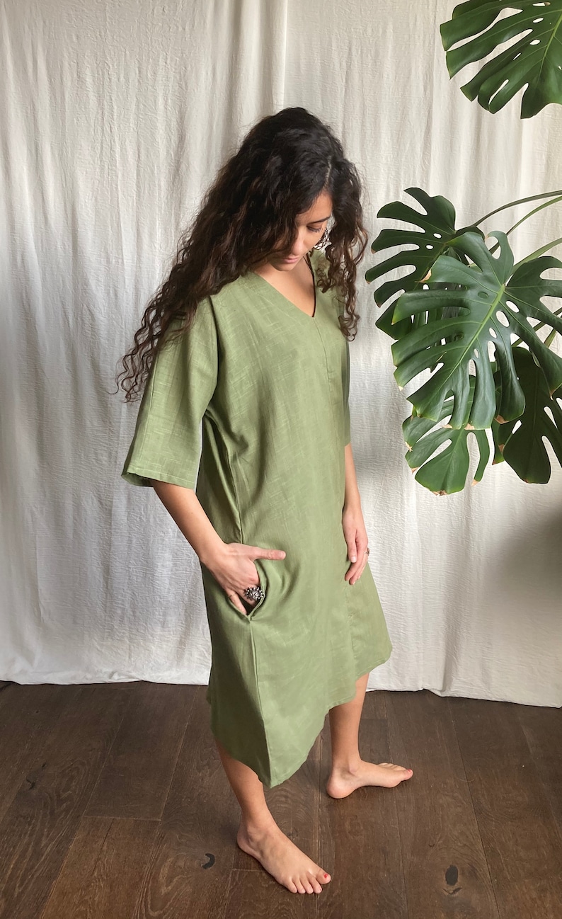 Cotton Dress, Green , with pockets image 4