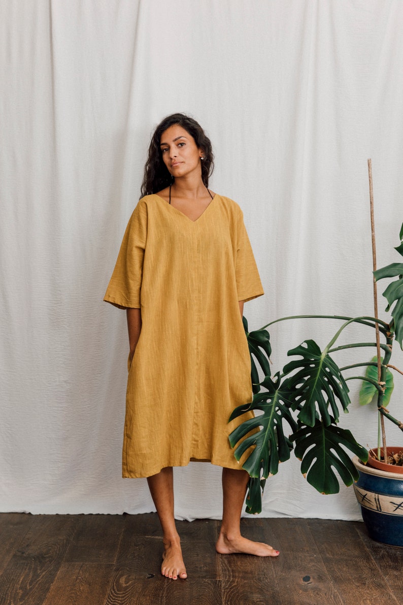 Cotton Dress, Mustard, with pockets image 1