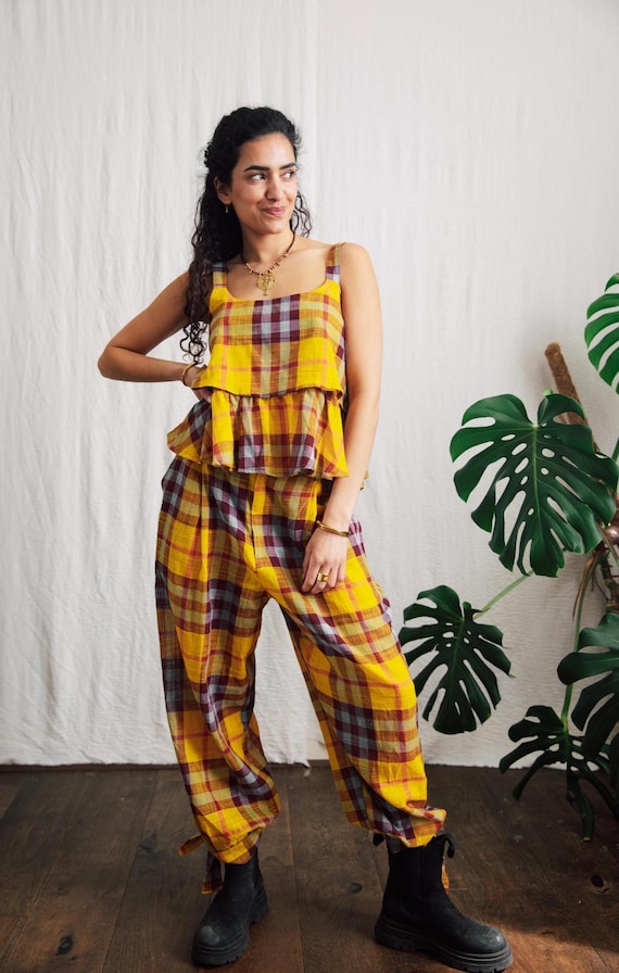 Yellow plaid wide Leg trousers/ High waist button +elastic back trousers/ cotton check pants with pleats/ festival pants uk 8-14
