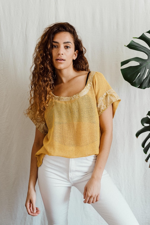 Womens Mesh top, block print detail
