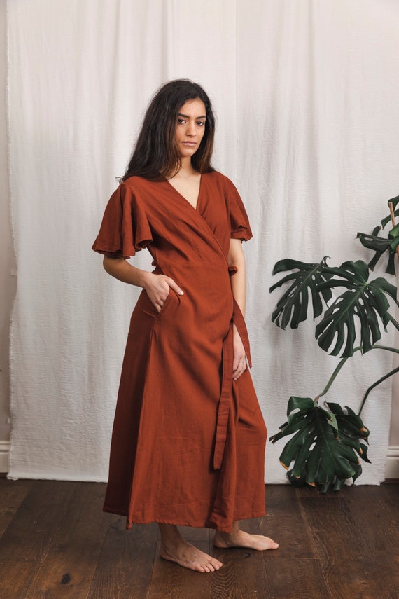 RUST WRAP DRESS - Cotton Wrap Dress - Linen Wrap Dress - Summer Dress - Women Maxi Dress - Handmade Dress