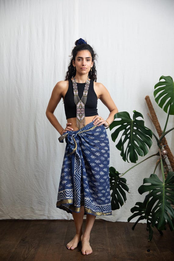 Hand Block Print  Cotton Sarong Shawl, Gold Border