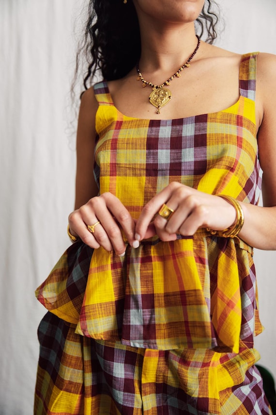Yellow check  Peplum Tank Top | Handloom Cotton Square Neck Summer Vest