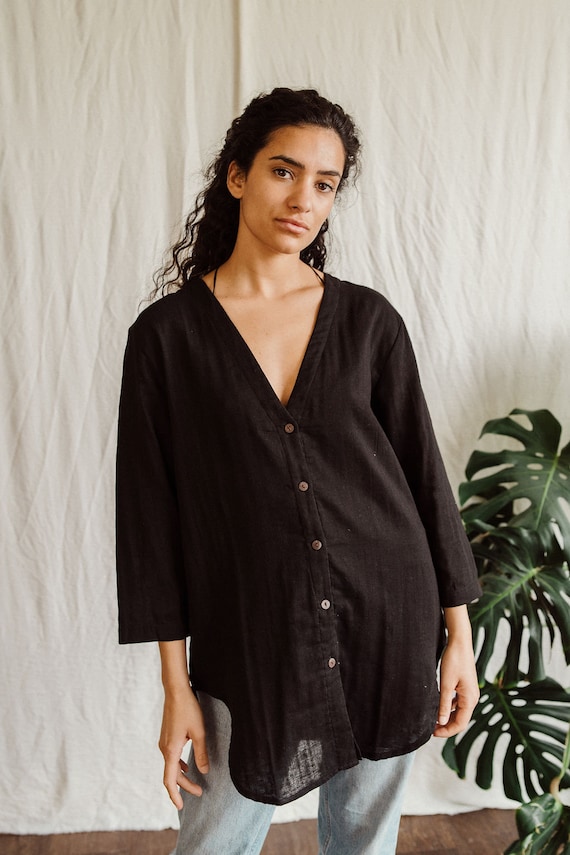 Black cotton shirt, cotton blouse, cotton top, cotton lightweight top, summer top