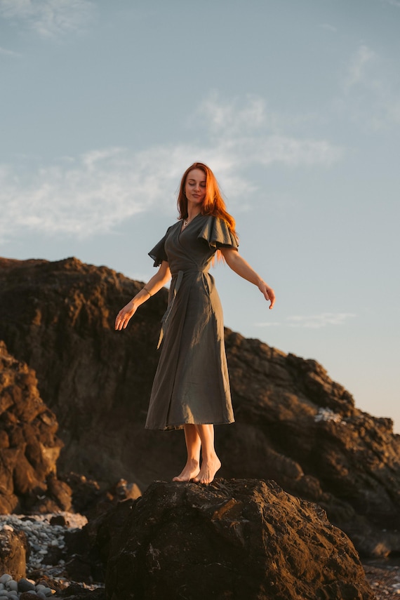 Raw Cotton Wrap Dress | Boho Midi Dress for Woman |Adjustable Tie Waist | Summer Cotton Dress| Sage green