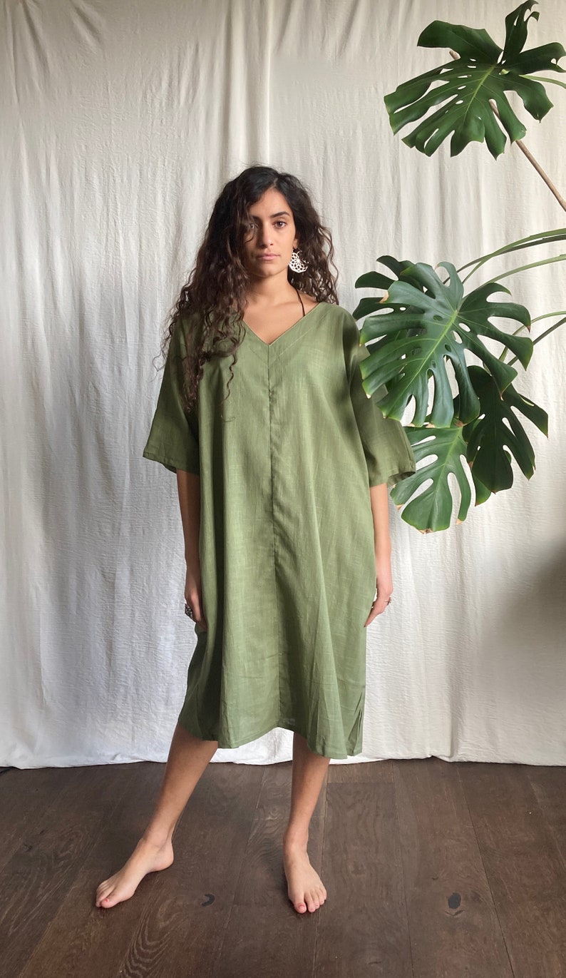 Cotton Dress, Green , with pockets image 1