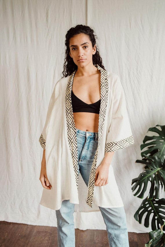 Raw Cotton white Jacket, Block Print details, linen