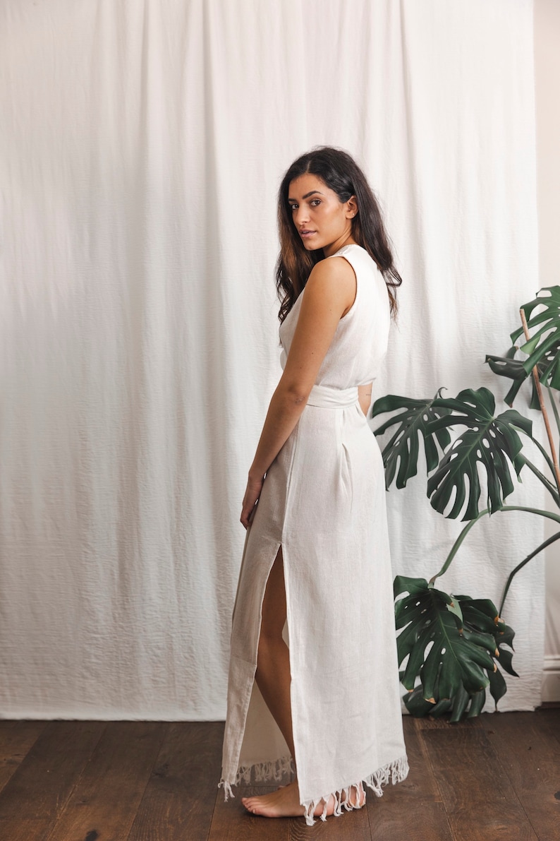 White wrap dress, raw cotton wrap dress, white goddess dress image 4
