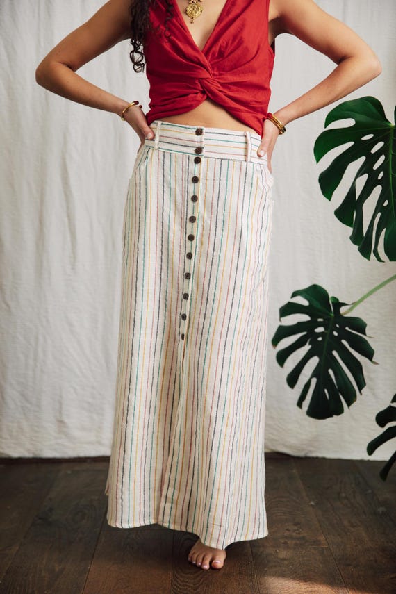 cotton maxi skirt/woven stripy button front skirt/high waist boho festival skirt/ long summer skirt/beach cover up