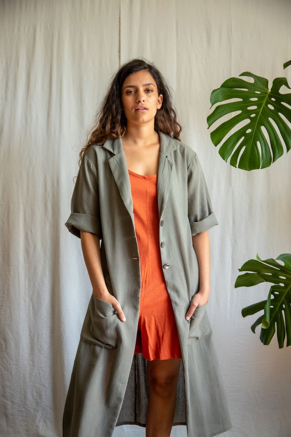 Grey/green raw cotton duster coat