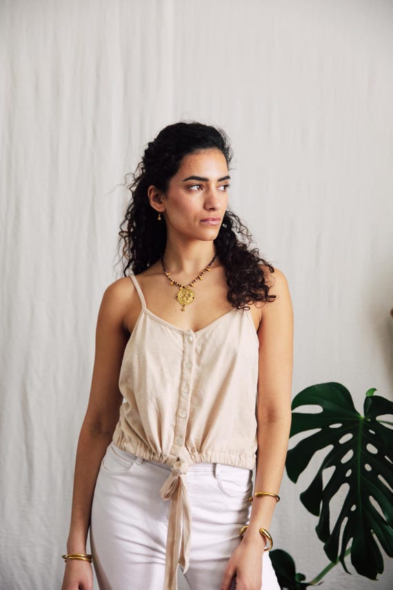Bamboo cami top/ cream tie hem tank/ Boho summer camisole/ Lightweight crop top/ Festival top
