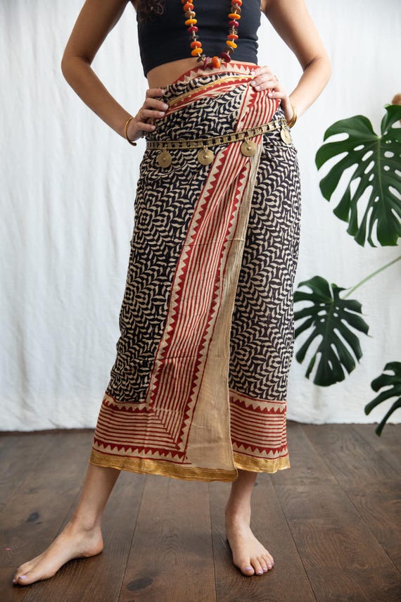 Hand Block Print  Cotton Sarong Shawl, Gold Border