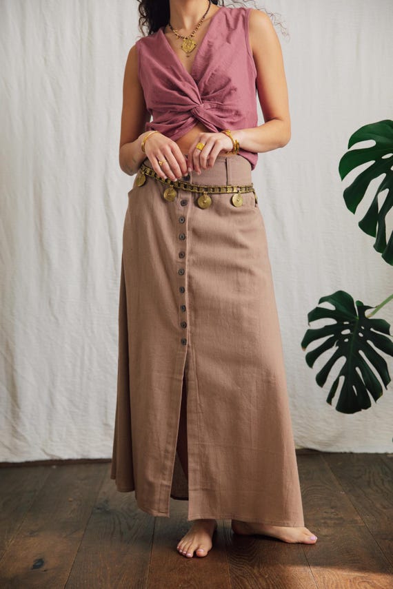 cotton maxi skirt/woven tan button front skirt/high waist boho festival skirt/ long summer skirt/beach cover up