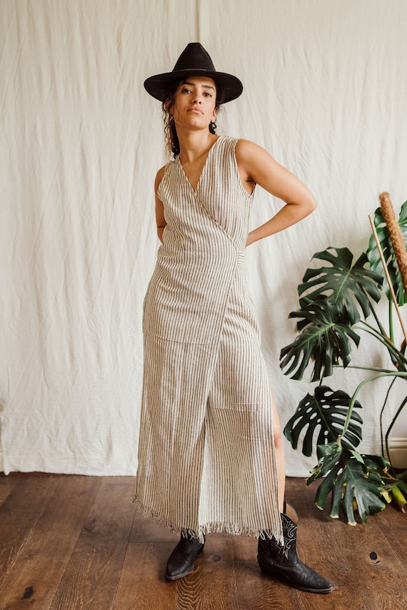 stripe wrap dress, raw cotton wrap dress,  goddess dress