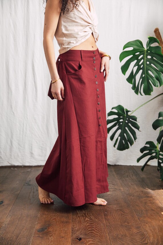 cotton maxi skirt/deep red button front skirt/high waist boho festival skirt/ long summer skirt/beach cover up