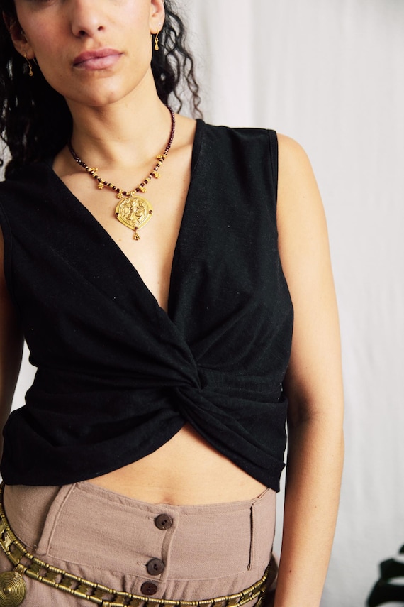 Bamboo Twist knot cami top/ Black wrap front crop top/ breathable summer camisole / boho festival top / sustainable uk handmade