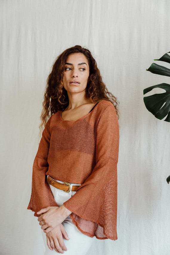 woven cotton flair top, rust cotton top
